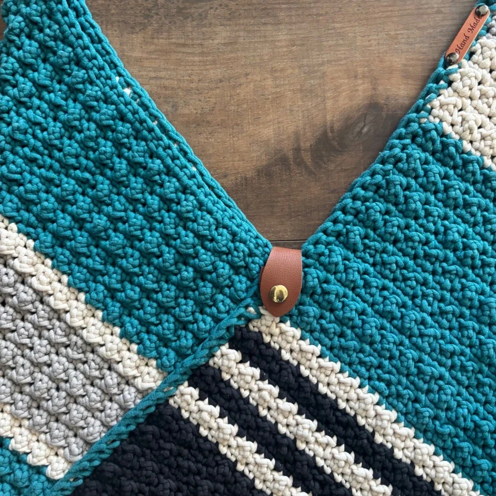 Handmade Danbury Rectangle Wheat Stitch Teal Black Crochet Colorblock Bag Purse